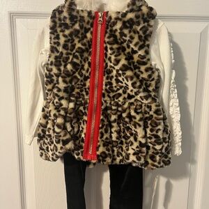 3 - Piece Outfit featuring Leopard Print Faux Fur Vest with Red Zipper